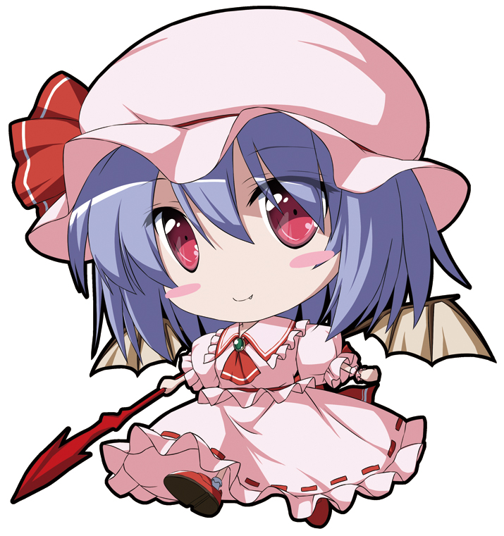 1girl ascot bat_wings blush_stickers bow brooch chibi deformed hat hat_bow jewelry lavender_hair nori_tamago red_eyes remilia_scarlet solo spear_the_gungnir touhou white_background wings