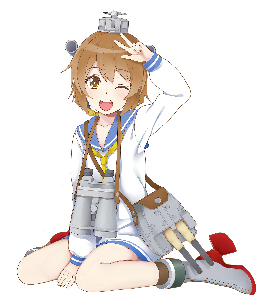 1girl binoculars blush brown_eyes brown_hair hair_ornament highres kantai_collection looking_at_viewer nnyu one_eye_closed open_mouth personification sailor_dress short_hair sitting smile solo v yukikaze_(kantai_collection)