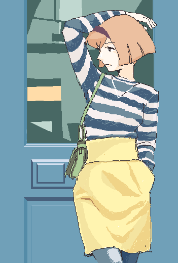 1girl bag bob_cut hairband hand_in_pocket handbag pale_skin r_dorothy_wayneright redhead shirt short_hair solo striped striped_shirt the_big_o todumasa_akimi