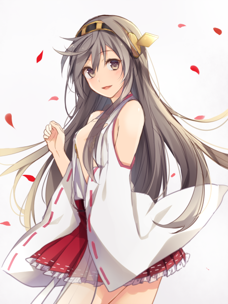 1girl black_hair blush brown_eyes detached_sleeves hand_on_own_chest haruna_(kantai_collection) headgear kantai_collection long_hair looking_at_viewer nontraditional_miko petals skirt solo white_background yue_teitoku