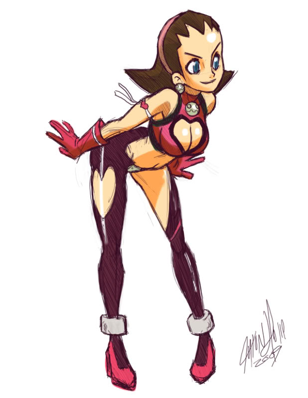 1girl 2009 armlet artist_request bare_shoulders bent_over breasts brown_hair cleavage cosplay crop_top crotch_plate cutie_honey cutie_honey_(character) cutie_honey_(cosplay) earrings gloves green_eyes hairband heart heart_cutout high_heels jewelry magical_girl midriff pigeon-toed rockman rockman_dash short_hair signature solo tron_bonne