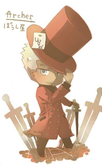 1boy _mochi alice_in_wonderland archer coat fate/stay_night fate_(series) grey_hair hat mad_hatter red_coat tan_skin top_hat white_background white_hair