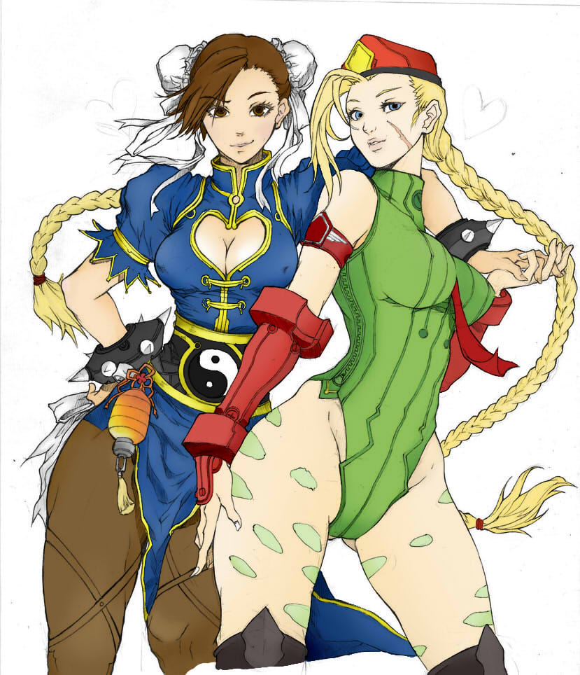 2girls ahoge armband beret blonde_hair blue_eyes bracelet breasts brown_eyes brown_hair cammy_white china_dress chinese_clothes chun-li cleavage cleavage_cutout collaboration colored contrapposto elbow_gloves fingerless_gloves gloves hand_on_hip hat holding_hands huge_ahoge interlocked_fingers jewelry kenshjn_park leotard multiple_girls over-kneehighs pantyhose puffy_short_sleeves puffy_sleeves ribbed_leotard short_sleeves spiked_bracelet spikes street_fighter t1gress thigh-highs yin_yang