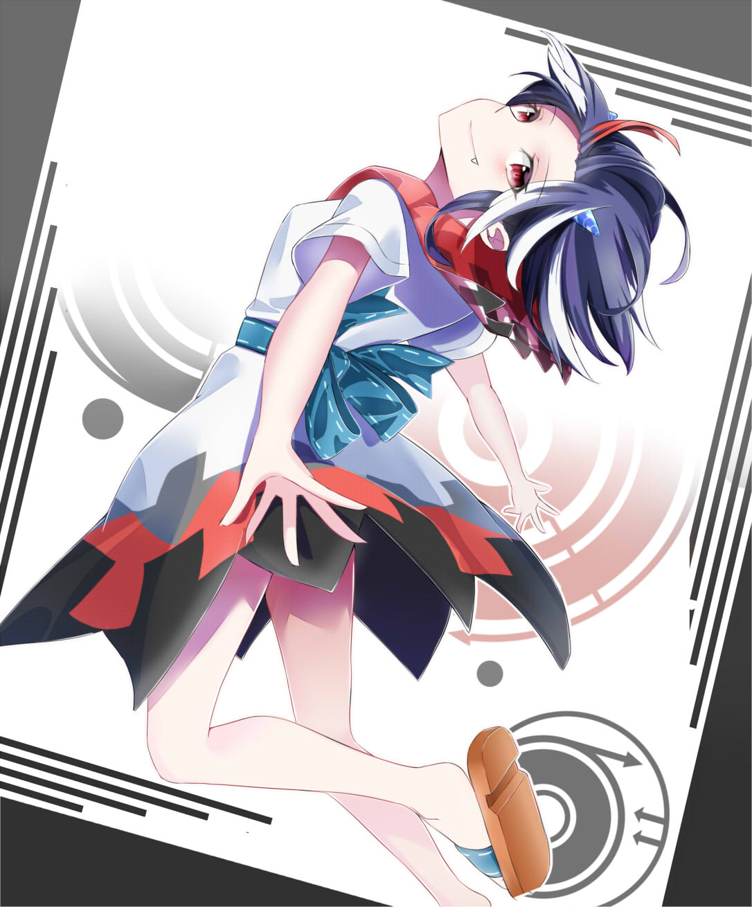 1girl black_hair bow directional_arrow dress fang head_tilt highres horns kijin_seija multicolored_hair nee_(ttt_004) red_eyes redhead shaft_look short_hair smile solo streaked_hair touhou white_hair