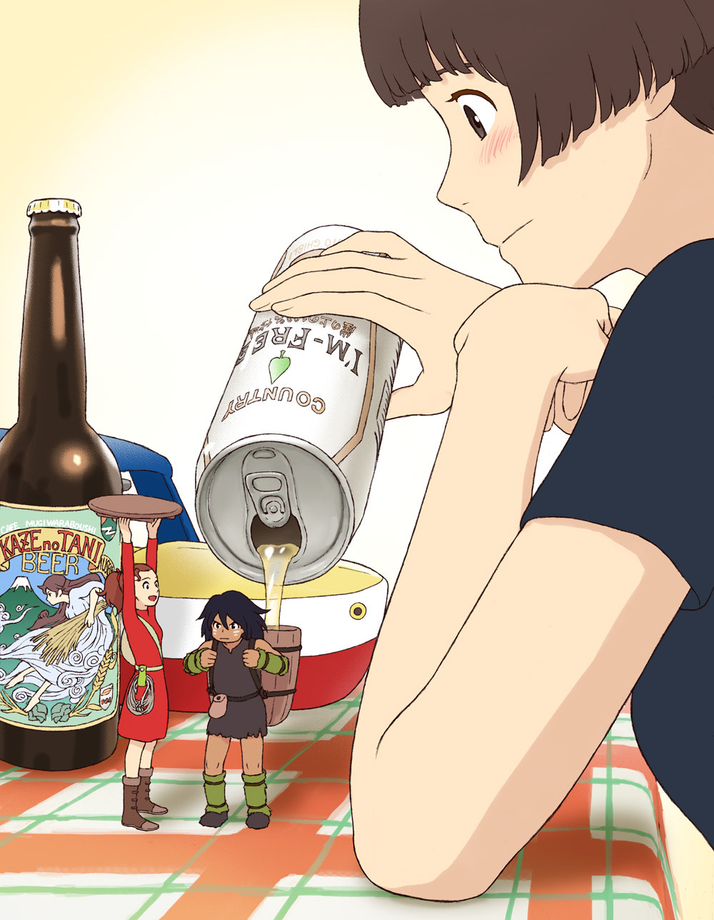1boy 2girls alcohol arms_up arrietty basket beer beer_can boots bottle brown_hair company_connection crossover dress facepaint gake_no_ue_no_ponyo highres jas karigurashi_no_arrietty multiple_girls ponytail pouch risa_(ponyo) spiller studio_ghibli t-shirt tablecloth