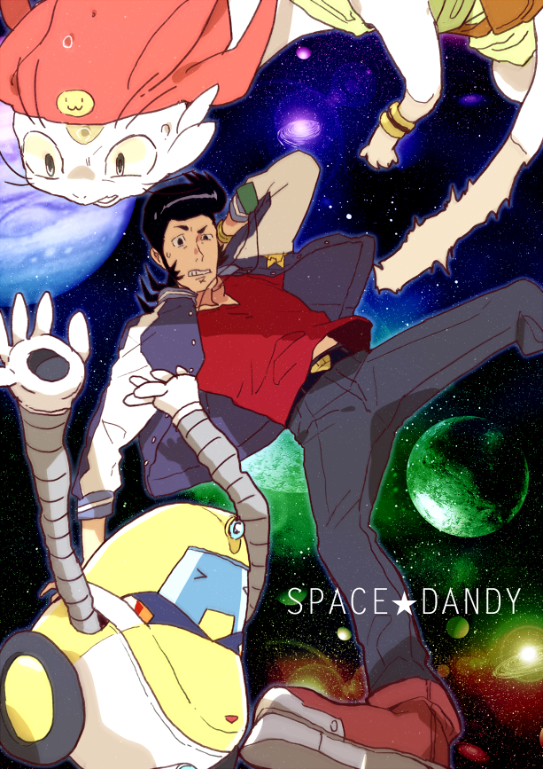 dandy_(space_dandy) falling jacket meow_(space_dandy) mosuko planet qt_(space_dandy) robot space space_dandy