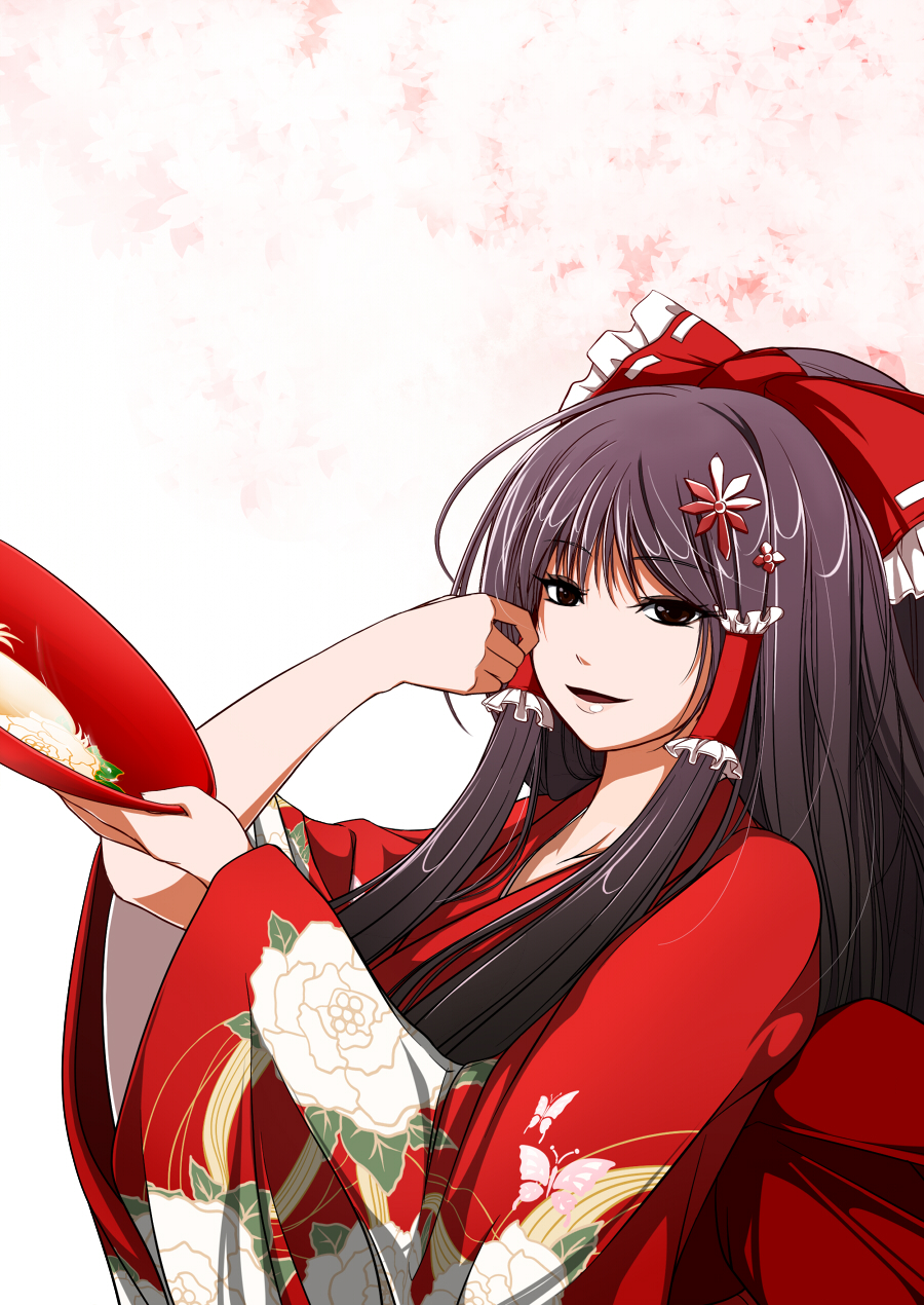 1girl adjusting_hair alternate_costume alternate_hair_length alternate_hairstyle bow brown_eyes brown_hair hair_bow hair_ornament hair_tubes hairpin hakurei_reimu highres japanese_clothes kimono kurofuku_(sakuyapix) long_hair looking_at_viewer red sakazuki smile solo touhou white white_background