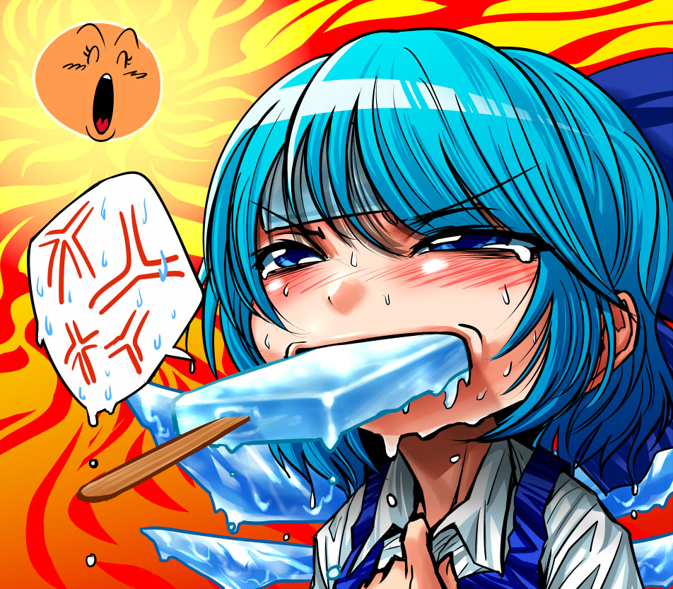 adjusting_shirt anger_vein blue_eyes blue_hair bow cirno dripping hair_bow hot popsicle ribbon short_hair spoken_anger_vein sun suzaku_(hai) sweat touhou wings