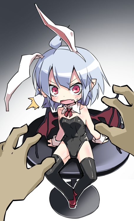 /\/\/\ 1girl ahoge animal_ears bat_wings blue_hair blush bunnysuit from_above hands hat high_heels noya_makoto pointy_ears pov rabbit_ears red_eyes remilia_scarlet short_hair sitting_on_object solo surprised thigh-highs touhou wings wrist_cuffs