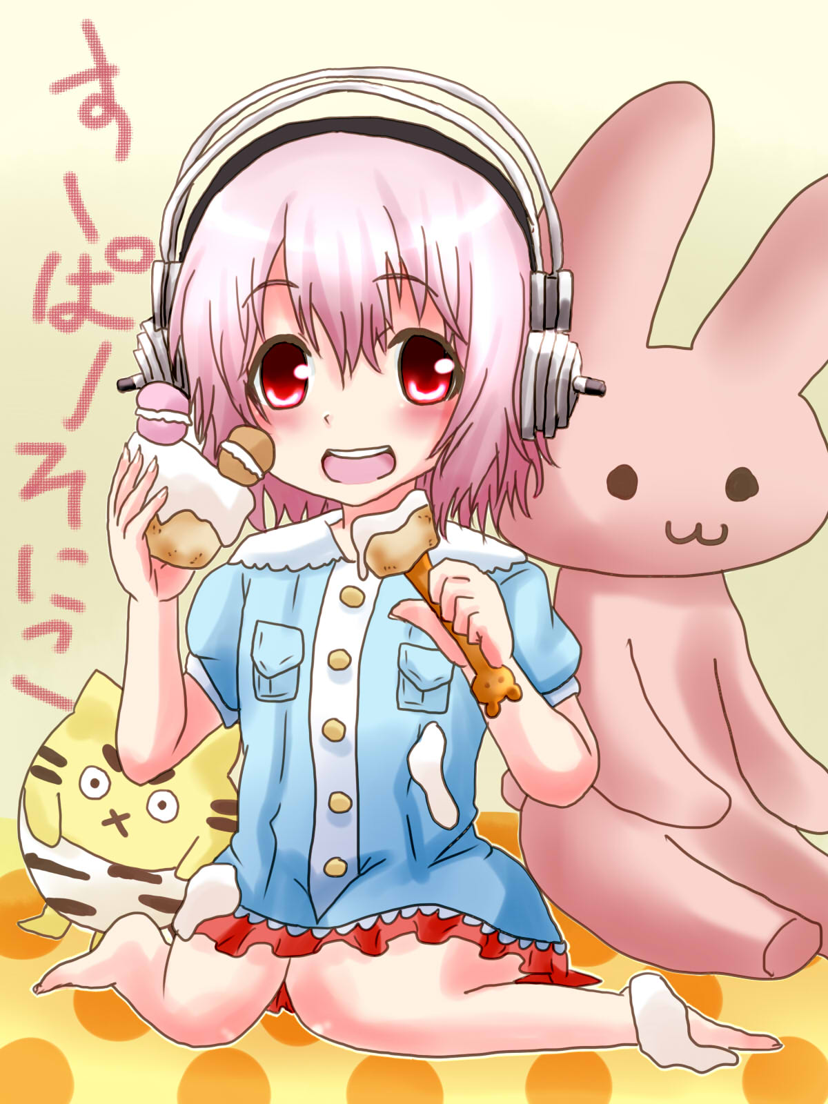 ayukazu barefoot blush cake eating food headphones highres looking_at_viewer messy nitroplus open_mouth red_eyes short_hair sitting smile solo stuffed_toy super_sonico wariza young