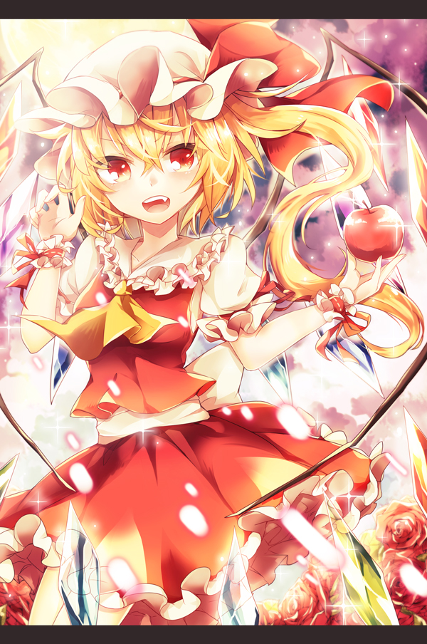 1girl apple ascot blonde_hair fang flandre_scarlet flower food fruit hat hat_ribbon kaio_(watagami) letterboxed mob_cap open_mouth puffy_short_sleeves puffy_sleeves red_eyes red_rose ribbon rose sash shirt short_sleeves side_ponytail skirt skirt_set solo touhou vest wings wrist_cuffs