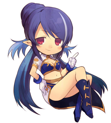 1girl blue_hair blush boots chibi crossed_legs hair_bun hand_on_hip index_finger_raised ju-zika judith knee_boots long_hair lowres pointy_ears red_eyes smile solo tales_of_(series) tales_of_vesperia twintails white_background