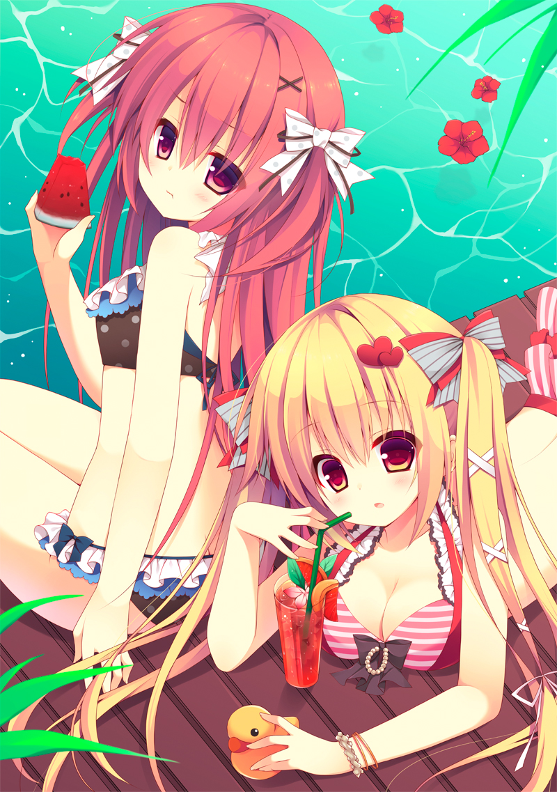 2girls bikini blonde_hair drink food fruit izumiyuhina long_hair lying multiple_girls on_stomach original red_eyes redhead rubber_duck swimsuit twintails watermelon