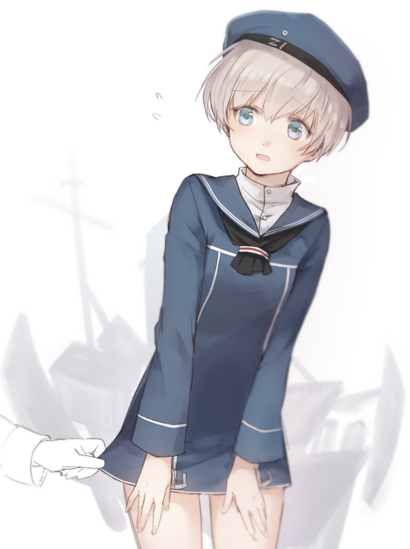 1girl beret blue_eyes blush clothes_writing hat kantai_collection military military_uniform open_mouth sailor_collar sailor_hat shirt_pull short_hair silver_hair solo uniform veryberry00 z1_leberecht_maass_(kantai_collection)