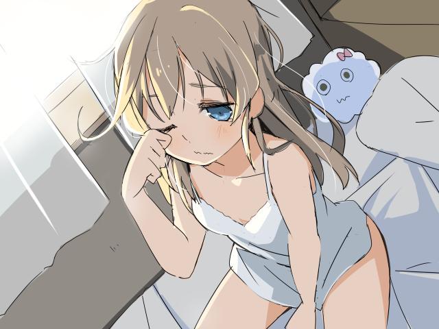 1girl abukuma_(kantai_collection) bed blonde_hair blue_eyes curtains flat_chest from_above kantai_collection long_hair nightgown on_bed one_eye_closed pillow rubbing_eyes sleepy solo waking_up wara_(warapro) window