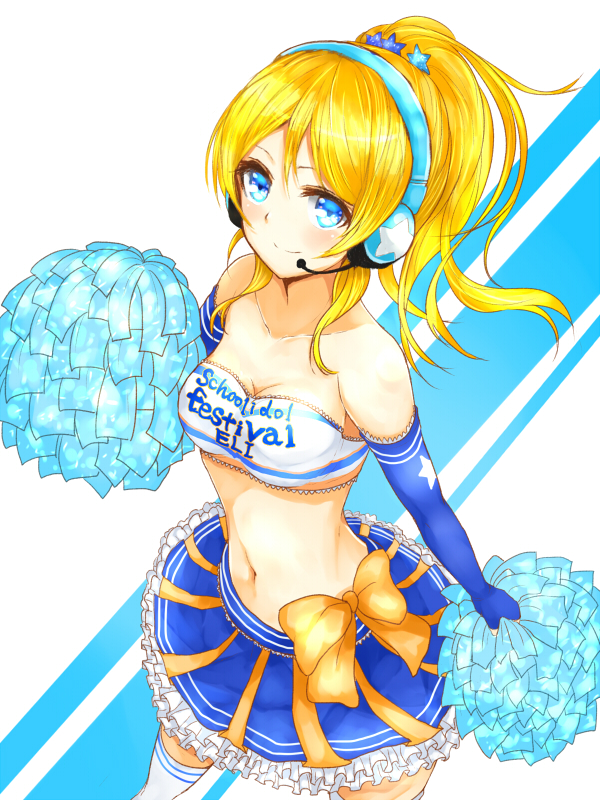 ayase_eli blonde_hair blue_eyes cheerleader gloves headphones long_hair love_live!_school_idol_project ponytail ribbon skirt smile