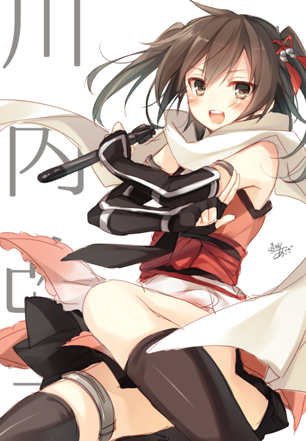 1girl :d black_gloves brown_eyes brown_hair character_name elbow_gloves fingerless_gloves gloves hair_ornament holding kantai_collection looking_at_viewer ninja open_mouth scarf sendai_(kantai_collection) signature sketch smile solo tagme toosaka_asagi torpedo translation_request two_side_up