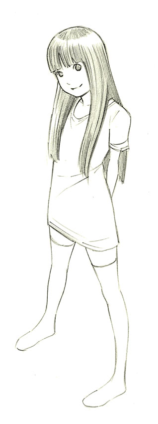 1girl long_hair monochrome original over-kneehighs sketch solo thigh-highs traditional_media yoshitomi_akihito