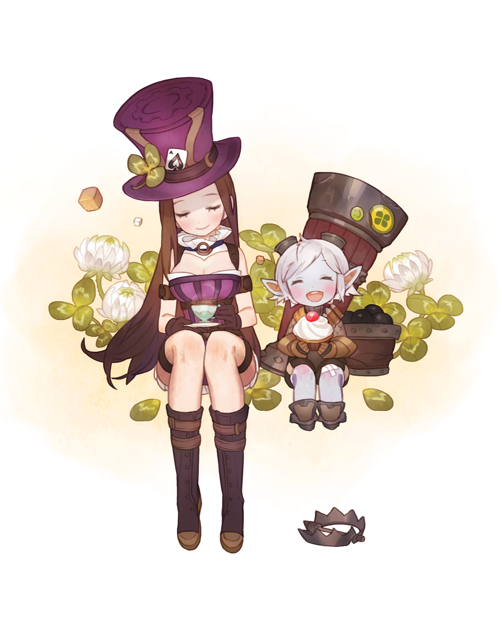 2girls ^_^ blush boots breasts brown_gloves brown_hair caitlyn_(league_of_legends) cleavage closed_eyes clover cup cupcake dress gloves gwayo happy hat highres league_of_legends long_hair multiple_girls open_mouth pointy_ears purple_dress short_hair sitting smile teacup tristana white_background white_hair