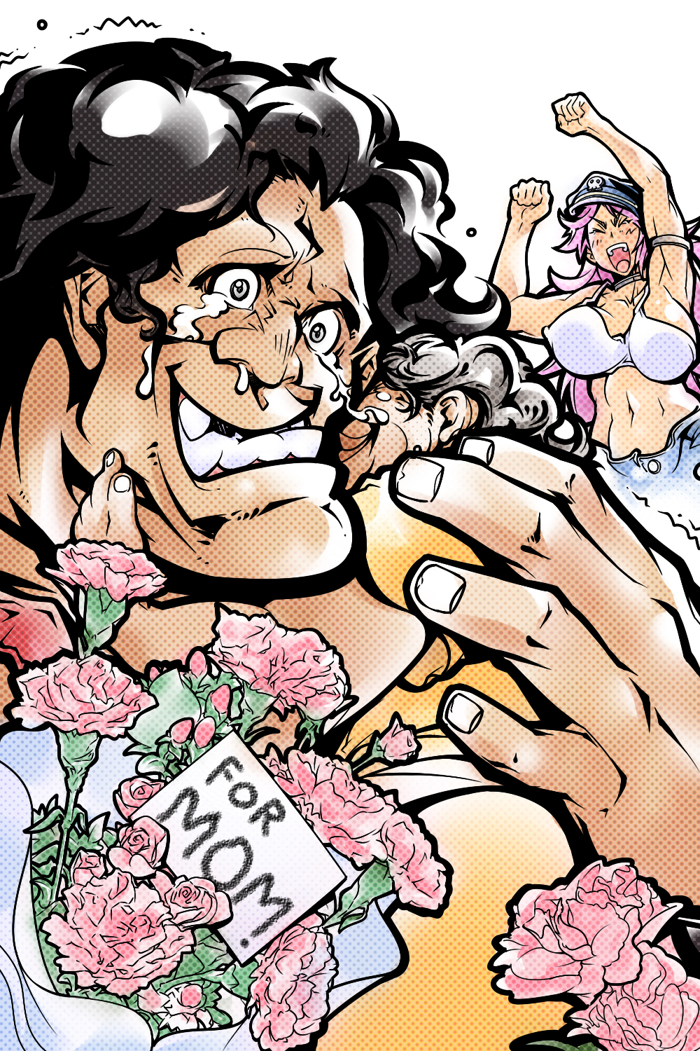 1boy 2girls black_hair bouquet breasts crying crying_with_eyes_open curly_hair extra fist_pump flower happy_tears hat highres hug hugo_andore large_breasts long_hair midriff mother's_day mother_and_son multiple_girls peaked_cap pink_hair poison_(final_fight) size_difference snot street_fighter street_fighter_iii tank_top tears usuiken