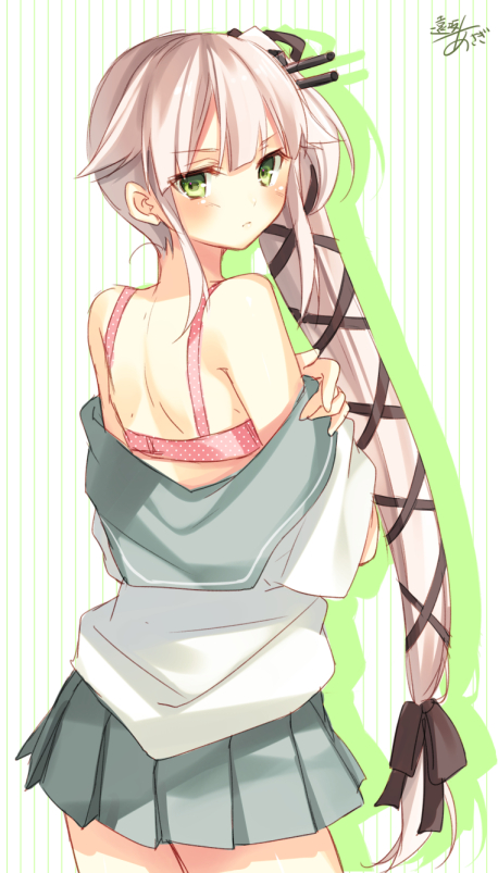 &gt;:/ 1girl bra green_eyes hair_ornament hair_ribbon kantai_collection long_hair looking_at_viewer nape pleated_skirt polka_dot polka_dot_bra ribbon school_uniform serafuku side_ponytail signature silver_hair sketch skirt solo tagme toosaka_asagi underwear undressing very_long_hair yura_(kantai_collection)