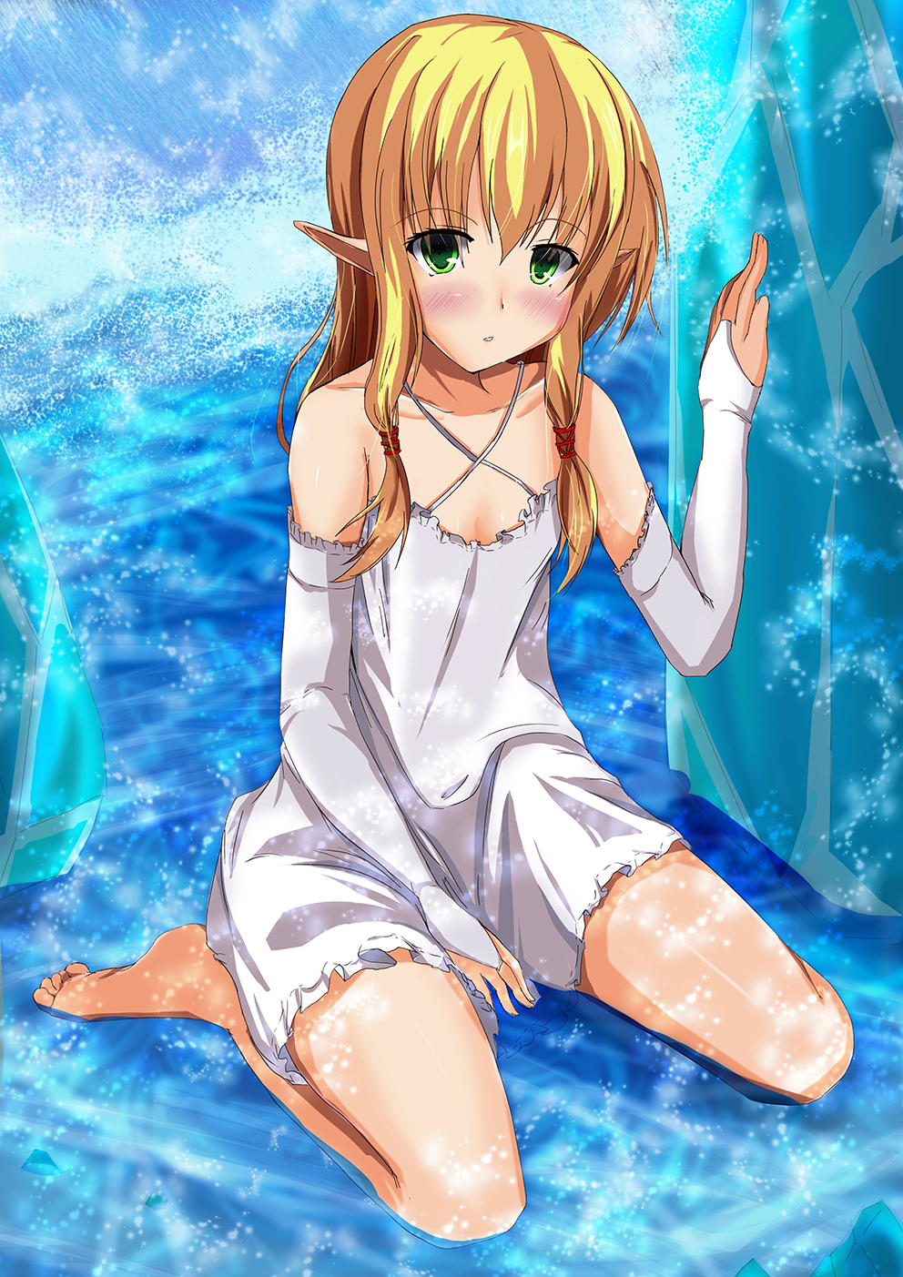 barefoot blonde_hair blush character_request detached_sleeves dress green_eyes highres long_hair pointy_ears sitting water
