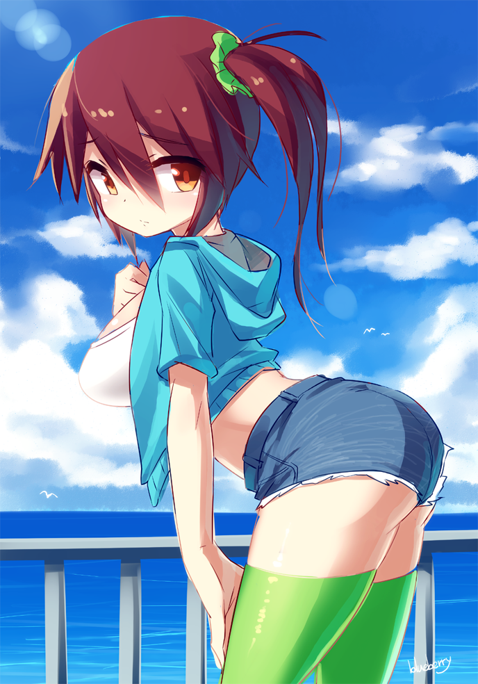 1girl ass blue_sky blueberry_(5959) blush breasts brown_eyes brown_hair clouds green_legwear large_breasts scrunchie short_hair short_shorts shorts side_ponytail sky solo thigh-highs water