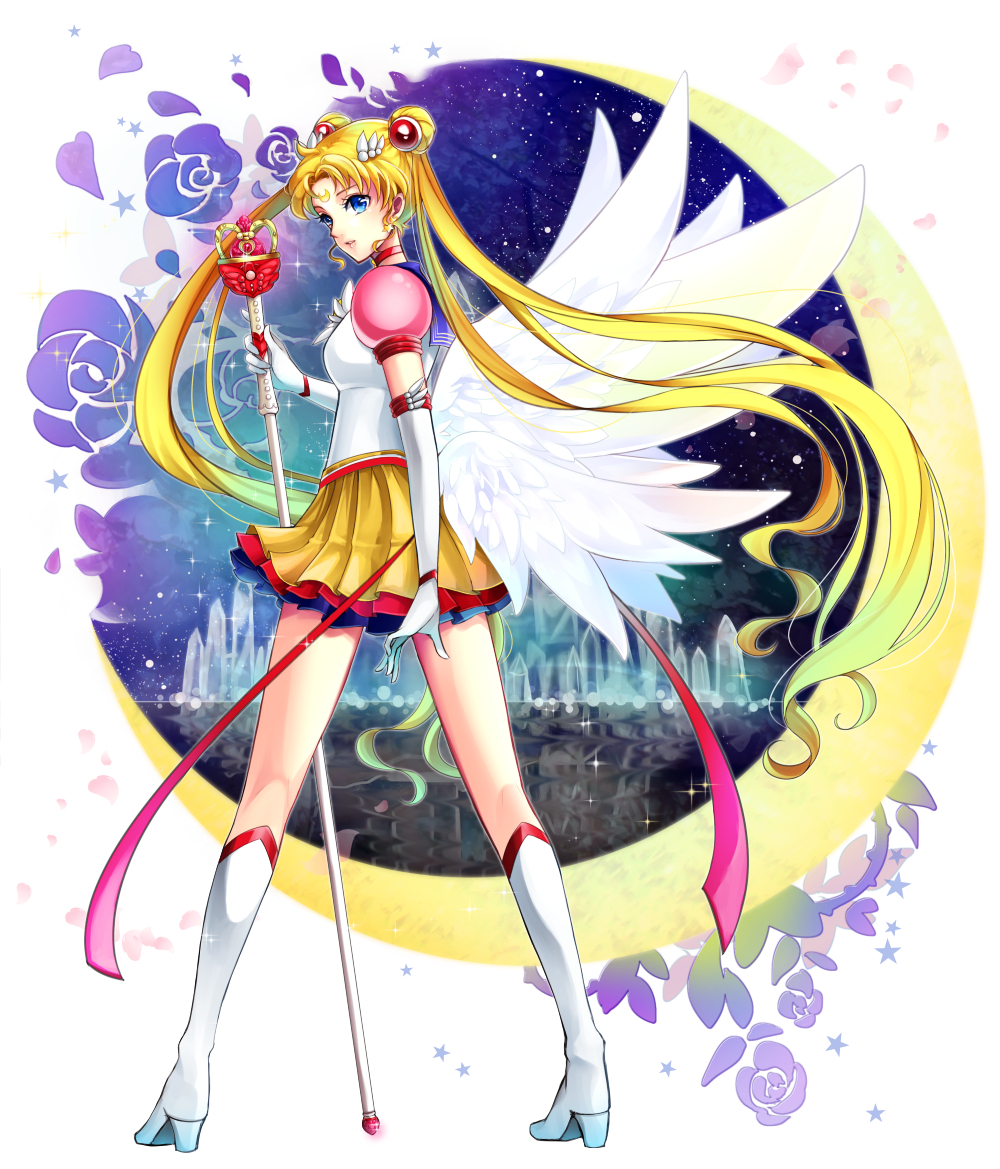 1girl bishoujo_senshi_sailor_moon blonde_hair blue_eyes blue_rose boots crescent_moon elbow_gloves eternal_sailor_moon eternal_tiare flower full_body gloves hair_ornament hairclip knee_boots long_hair looking_back mamo_(fortune-mm) moon multicolored_skirt petals rose rose_petals sailor_moon skirt solo staff standing tsukino_usagi twintails white_boots white_gloves wings