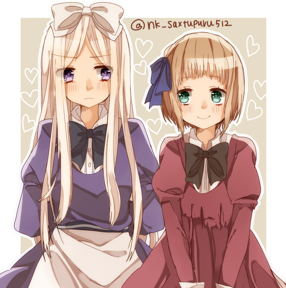 2girls apron aqua_eyes arms_behind_back axis_powers_hetalia belarus_(hetalia) black_bow blonde_hair blue_bow blush bow buttons dress frown hair_bow heart liechtenstein_(hetalia) long_hair long_sleeves looking_at_another multiple_girls ninonuko personification petticoat puffy_long_sleeves puffy_sleeves purple_dress red_dress short_hair smile striped text twitter_username violet_eyes white_bow
