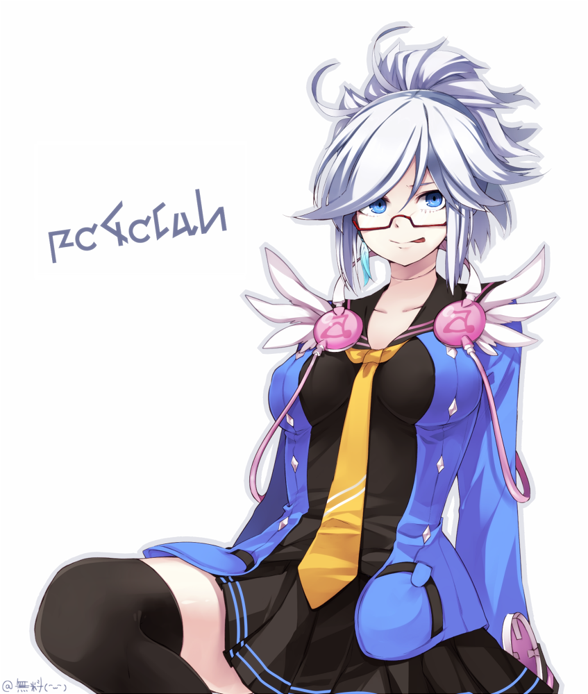 1girl blue_eyes glasses muryou necktie phantasy_star phantasy_star_online_2 ponytail red-framed_glasses short_hair short_ponytail silver_hair sitting smile tongue tongue_out wing_collar