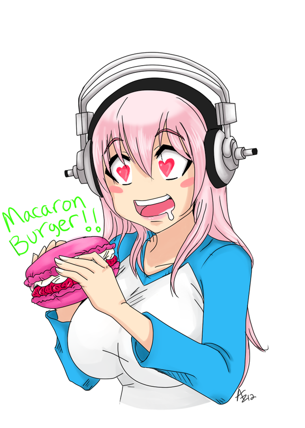 1girl blush blush_stickers breasts deviantart_thumbnail drooling food headphones heart heart_eyes large_breasts long_hair macaron nitroplus open_mouth pink_hair saliva smile solo super_sonico symbol-shaped_pupils