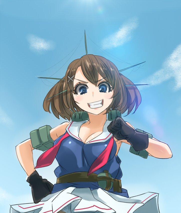 1girl armlet armpits bare_shoulders belt black_gloves blue_eyes blue_sky blush breasts brown_hair cleavage clenched_hands clouds gloves grin hair_ornament hand_on_hip headgear hiraki_ajino kantai_collection looking_at_viewer maya_(kantai_collection) open_clothes open_shirt outdoors pleated_skirt sailor_collar school_uniform serafuku short_hair skirt sky sleeveless sleeveless_shirt smile solo teeth white_skirt