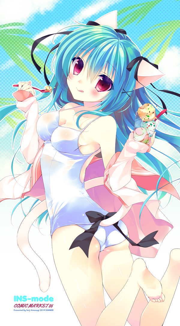 1girl :q amanagi_seiji animal_ears aqua_hair artist_name ass bad_anatomy bare_legs barefoot blush cat_ears cat_tail cover cover_page food ice_cream impossible_clothes impossible_swimsuit long_hair looking_at_viewer original red_eyes school_swimsuit small_breasts solo swimsuit tail tongue tongue_out white_school_swimsuit white_swimsuit