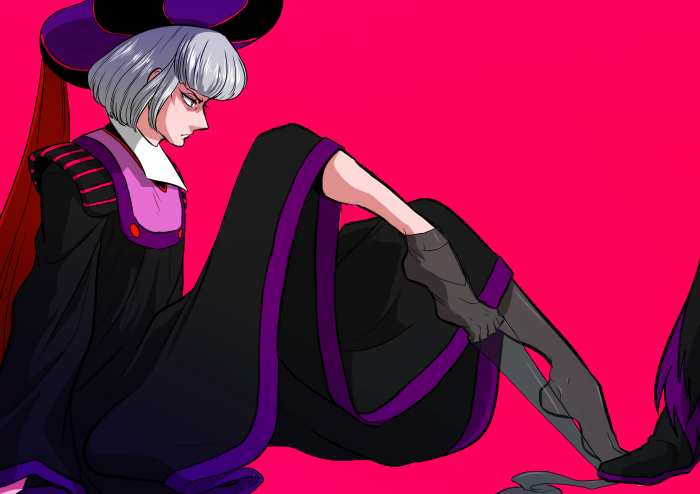 1boy 1girl claude_frollo disney hat maleficent marimo_(yousei_ranbu) no_shoes one_man's_dream_ii out_of_frame sheer_legwear silver_hair simple_background sitting sleeping_beauty solo_focus stepped_on the_hunchback_of_notre_dame thighhighs_pull