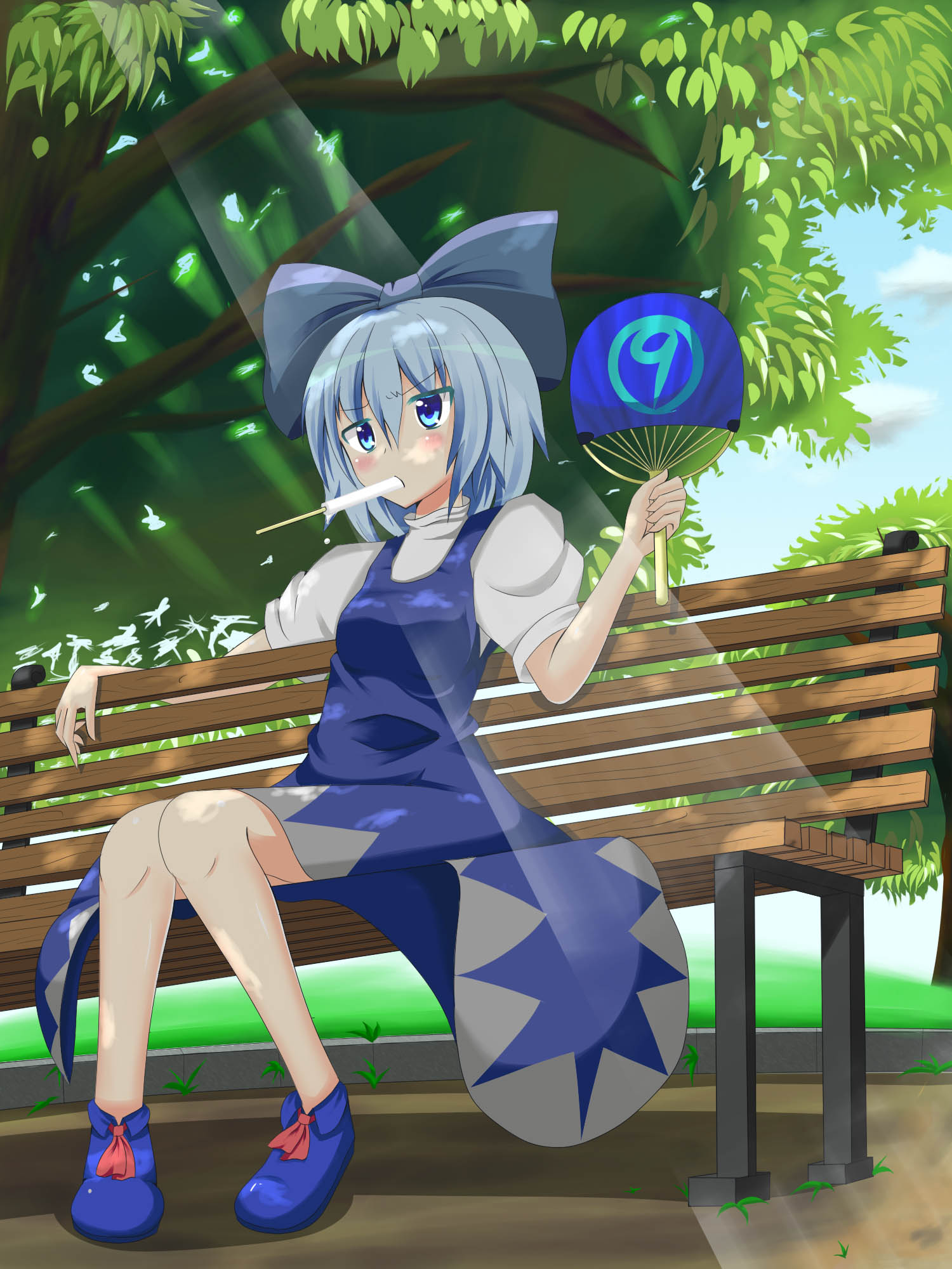 (9) 1girl bench blue_eyes blue_hair blue_shoes blue_sky blush bow cirno clouds cloudy_sky dress dress_shirt eating fan food food_in_mouth frown hair_bow highres hot ice_cream leaf light light_particles light_rays mouth_hold no_wings outdoors paper_fan park park_bench pigeon-toed popsicle puffy_short_sleeves puffy_sleeves ribbon rurikitsune shirt shoe_ribbon shoes short_hair short_sleeves sitting sitting_on_bench sky solo summer sweat touhou tree uchiwa white_shirt