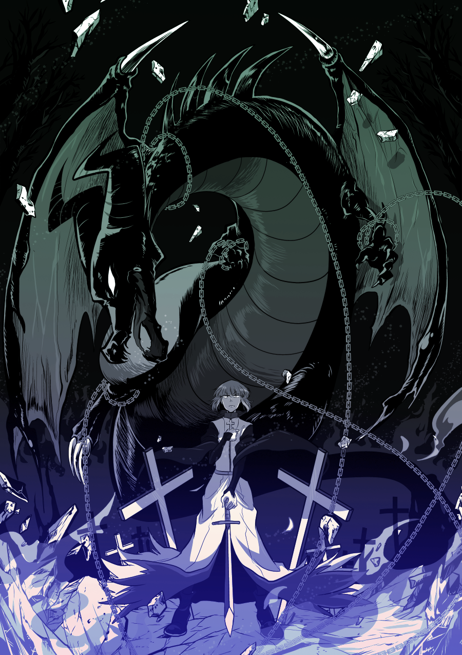 1boy chain chained claude_frollo cross crossover disney dragon highres maleficent marimo_(yousei_ranbu) monochrome one_man's_dream_ii planted_sword planted_weapon short_hair size_difference sleeping_beauty sword the_hunchback_of_notre_dame weapon