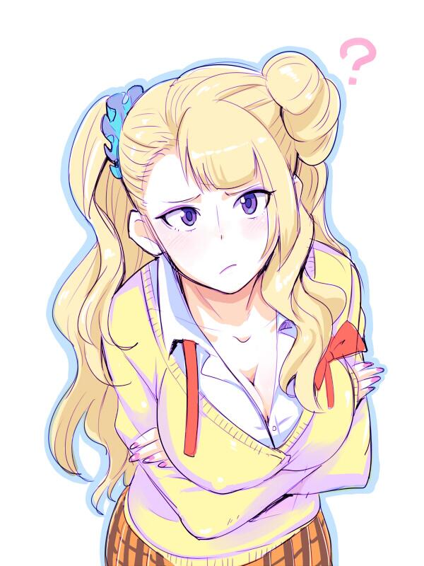 1girl ? asymmetrical_hair blue_eyes blush bowieknife bowtie breasts cardigan cleavage crossed_arms gyaru-ko hair_bun kogal large_breasts long_hair looking_at_viewer loose_tie nail_polish one_side_up oshiete!_gyaru-ko-chan school_uniform scrunchie solo