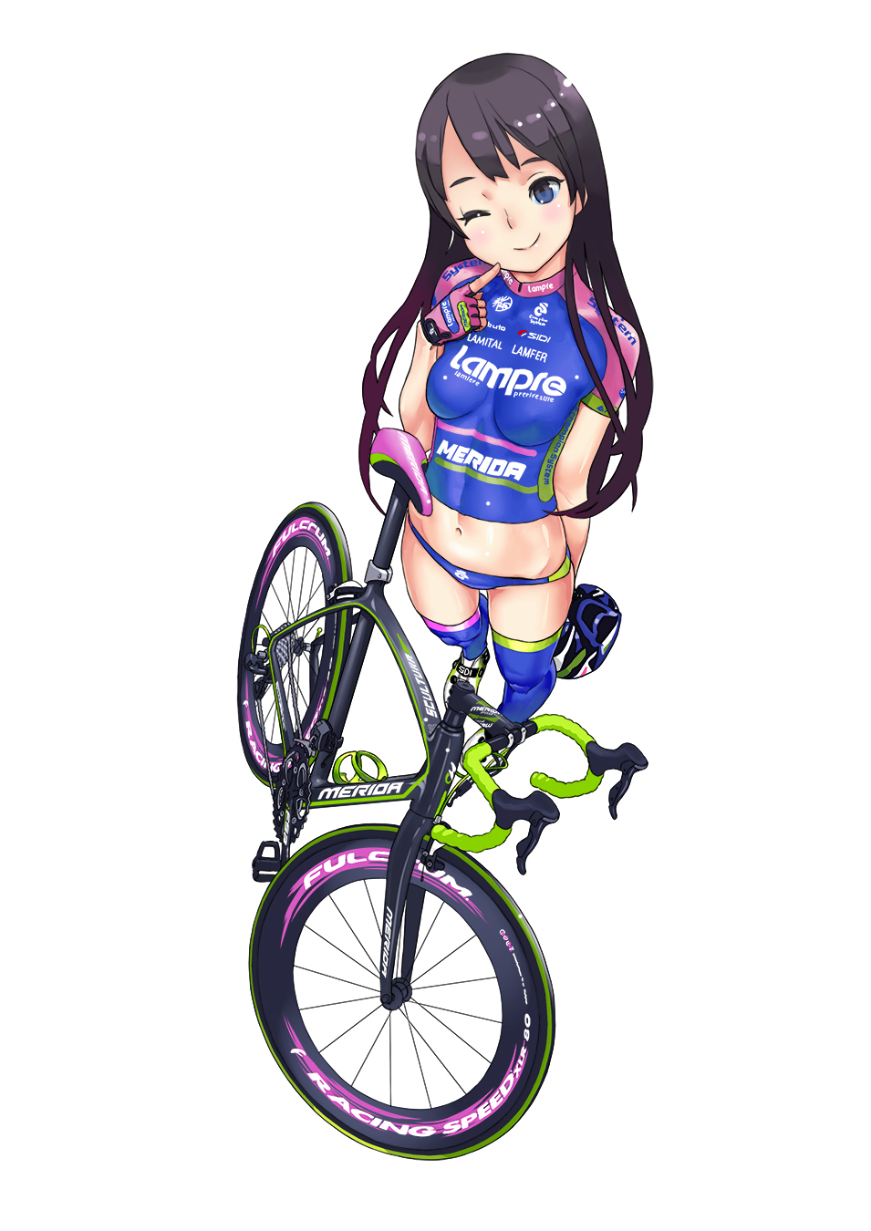 1girl bicycle bicycle_helmet bike_jersey black_hair blue_eyes fingerless_gloves from_above gloves headwear_removed helmet helmet_removed highres hitomi_kazuya long_hair navel one_eye_closed original shoes smile sneakers solo thigh-highs very_long_hair