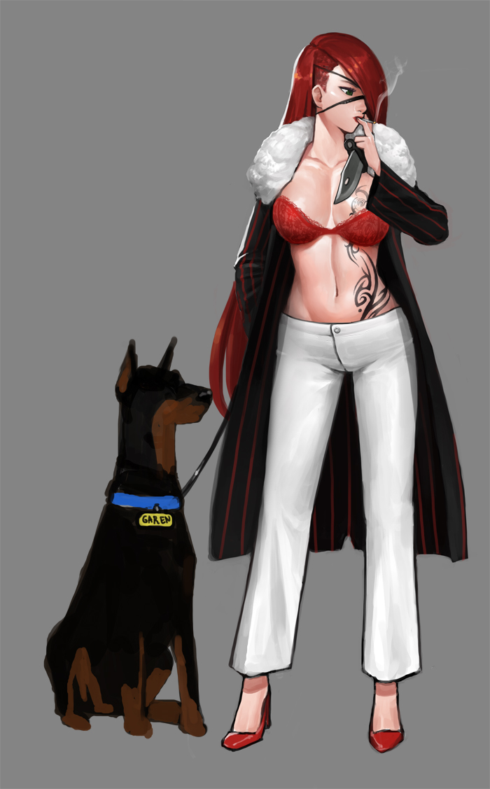 1girl alternate_costume bling_(wnsdud34) bra breasts dog eyepatch garen_crownguard green_eyes high_heels jacket katarina_du_couteau league_of_legends leash long_hair midriff navel red_bra redhead smoking solo tattoo underwear