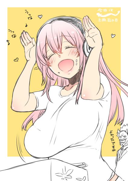 1girl bouncing_breasts breasts closed_eyes headphones large_breasts long_hair nitroplus open_mouth pink_hair smile sumeragi_kohaku super_sonico unaligned_breasts