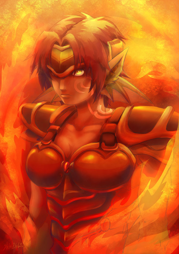 1girl armor artist_name bangs breasts cleavage collarbone dragon_girl flame granberia headgear mon-musu_quest! monster_girl payot redhead serious shin2468 shoulder_armour solo tattoo
