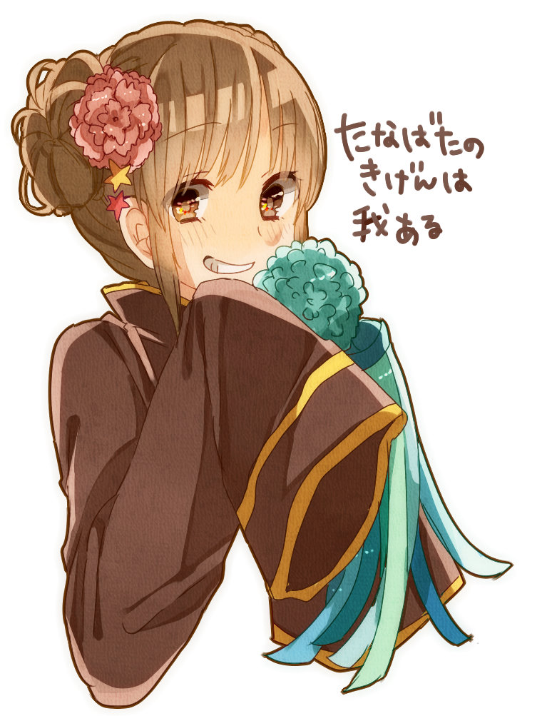 1girl axis_powers_hetalia blush brown_dress brown_eyes brown_hair bust china_(hetalia) china_dress chinese_clothes double_bun dress flower genderswap grin hair_flower hair_ornament long_sleeves ninonuko ojou-sama_pose personification short_hair simple_background sleeves_past_wrists smile solo star_hair_ornament teeth text translation_request white_background
