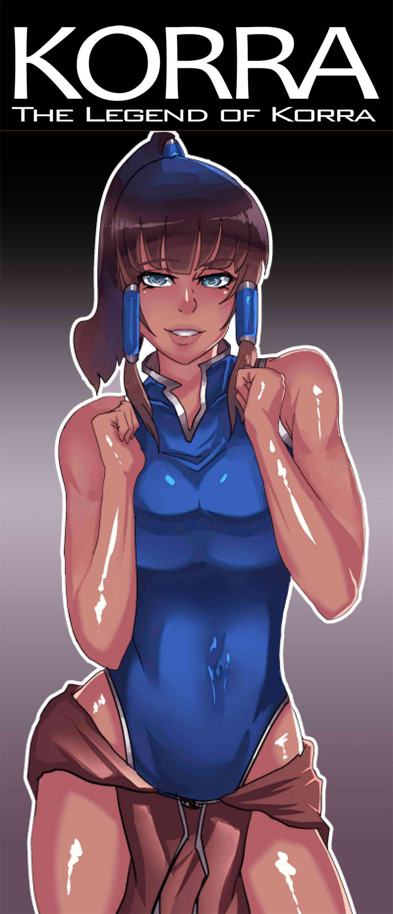 1girl adapted_costume avatar:_the_last_airbender blue_eyes breast_squeeze breasts brown_hair competition_swimsuit contrapposto cowboy_shot dark_skin hair_tubes high_ponytail highres korra legend_of_korra lips loincloth long_hair one-piece_swimsuit shiny shiny_skin smile solo standing swimsuit zxc