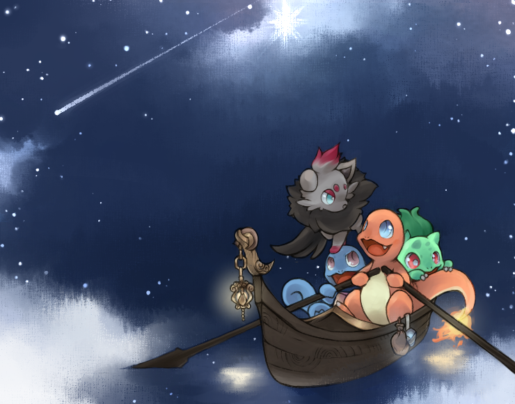 aqua_eyes blue_eyes boat brown_eyes bulbasaur charmander fang fire no_humans oar pokemon pokemon_(creature) red_eyes rowboat samidaro shooting_star sky squirtle star_(sky) starry_sky zorua