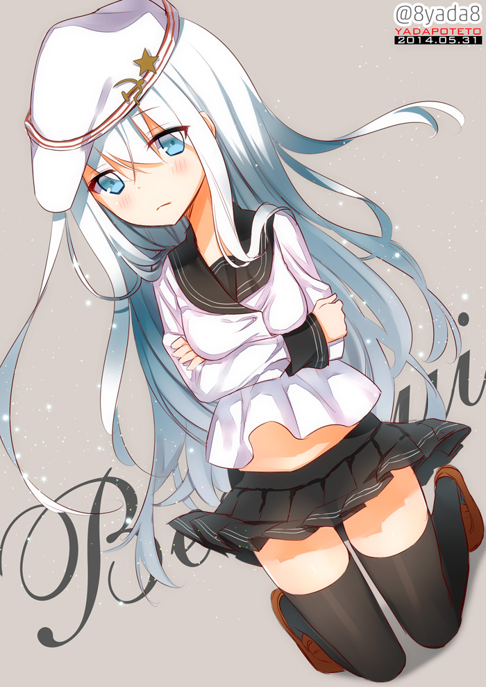 1girl black_legwear blue_eyes blush crossed_arms hammer_and_sickle hat hibiki_(kantai_collection) kantai_collection kneeling long_hair looking_at_viewer midriff pantyhose school_uniform serafuku silver_hair skirt solo verniy_(kantai_collection) yadapot