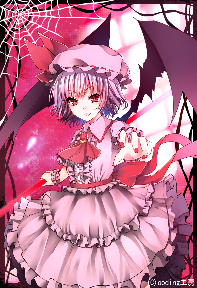 1girl bat_wings holding lavender_hair looking_at_viewer mob_cap nail_polish open_mouth reaching red_eyes red_fingernails remilia_scarlet solo spear_the_gungnir spider_web toufukin touhou wings