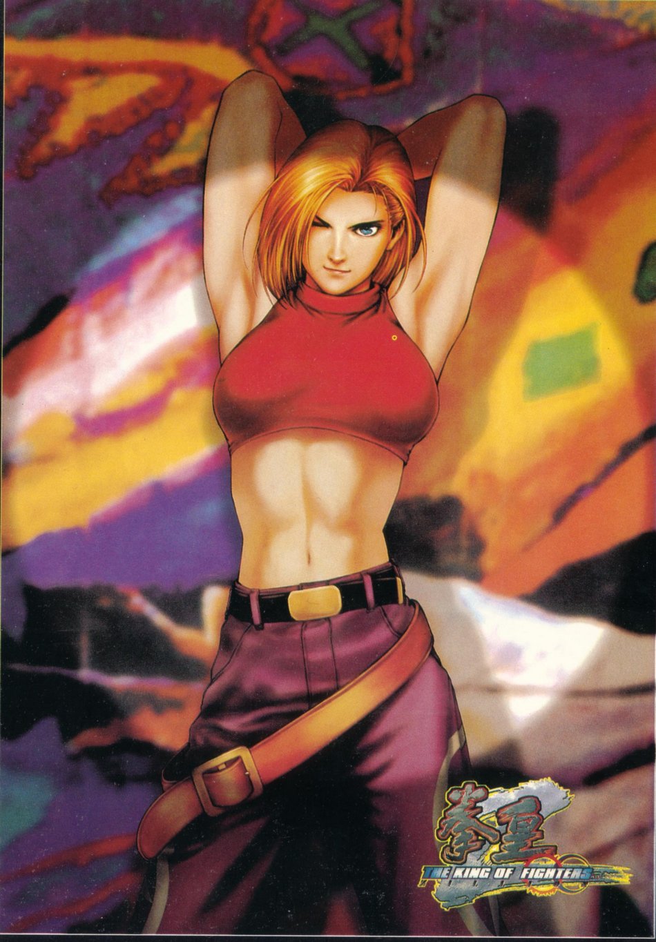 1girl ;) andy_seto armpits belt blonde_hair blue_eyes blue_mary detective fatal_fury highres king_of_fighters midriff official_art one_eye_closed pants smile snk solo tank_top