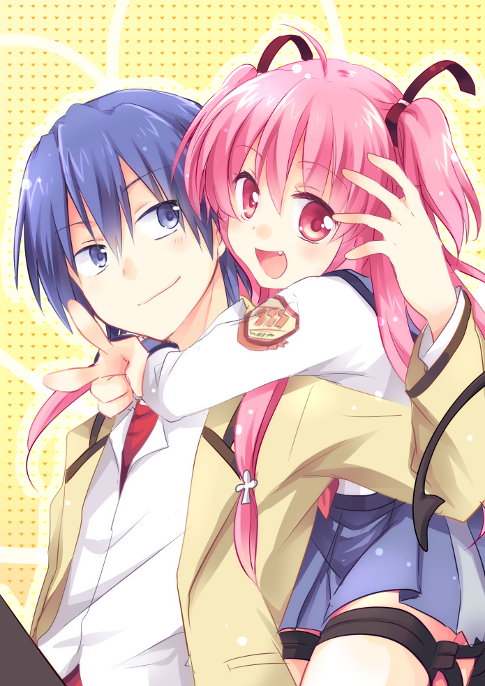 1boy 1girl angel_beats! blue_eyes blue_hair blue_skirt blush fang hinata_(angel_beats!) hug hug_from_behind kousetsu long_hair looking_at_viewer open_mouth pink_hair school_uniform short_hair skirt smile v yellow_background yui_(angel_beats!)