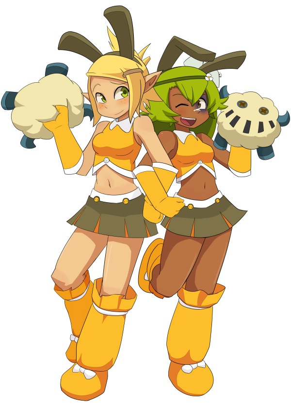 2girls ;) alternate_costume amalia_sheran_sharm animal_ears bandaid bandaid_on_nose black_eye blush boots brown_eyes cheerleader cra dark_skin elbow_gloves evangelyne fake_animal_ears gloves green_hair gunpura hair_ornament hairclip injury knee_boots locked_arms long_hair midriff multiple_girls navel one_eye_closed rabbit_ears sadida small_breasts smile wakfu