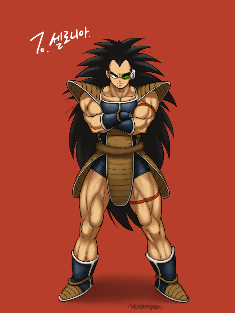 armor black_hair crossed_arms dragon_ball dragon_ball_z full_body long_hair muscle nestkeeper raditz red_background scouter solo spiky_hair standing